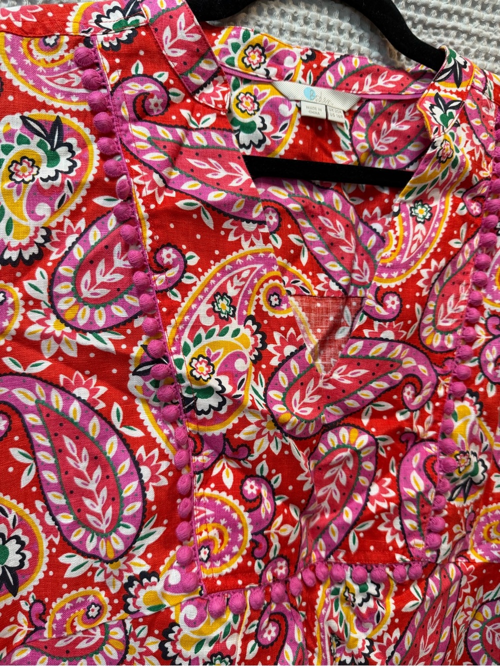 Boden 100% Linen Red Paisley Print Tunic with Pink & Yellow Accents - Picture 3 of 6